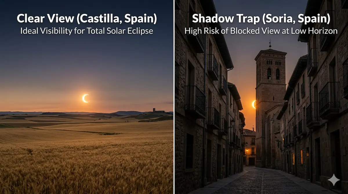 Comparison of the total solar eclipse in Spain: clear view vs. Shadow Trap in Soria. AI simulation for location scouting.